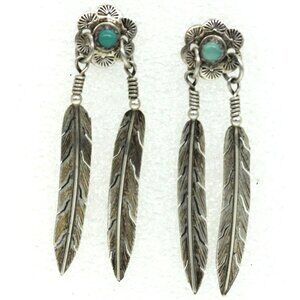 925 STERLING Native American vintage earrings turquoise-flowers w/ feathers 2"